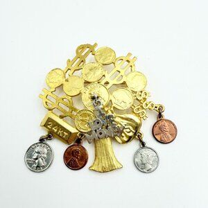 Vintage Money Grows on Trees Brooch Pin Dangling Coin Charms I Love Money Pin
